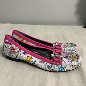🌸 Ros Hommerson Regina Floral Leather Loafers Pink Trim Horsebit Flats Size 11M